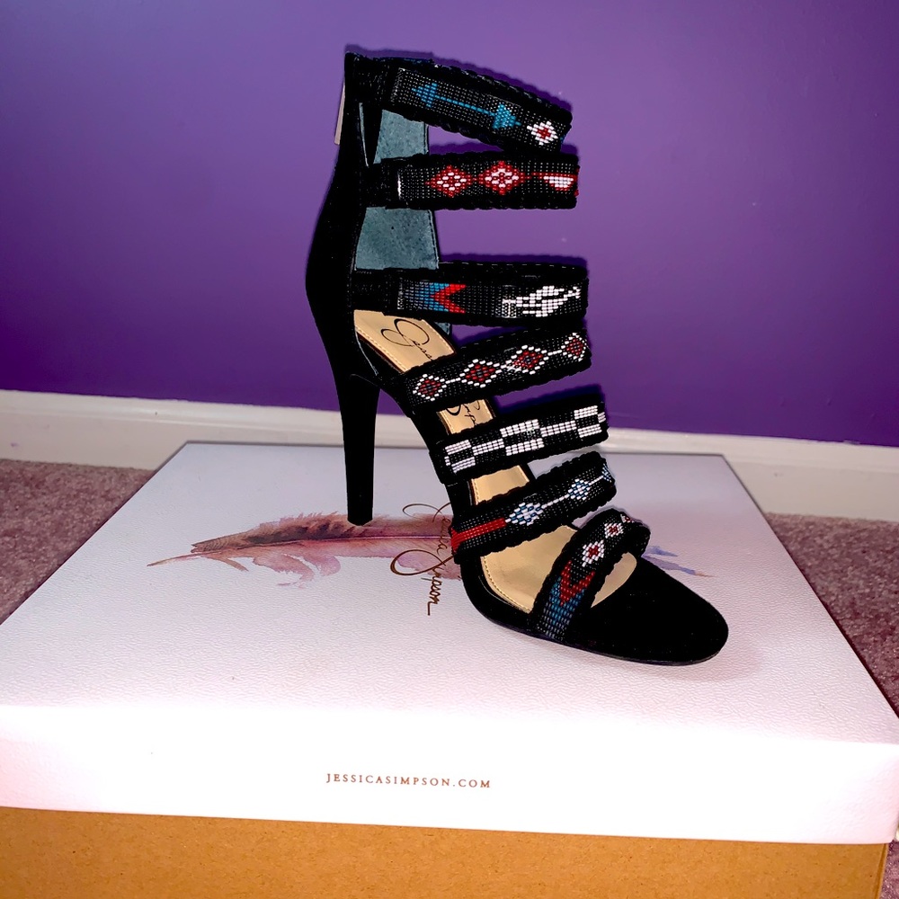 Jessica Simpson Black Aztec Beaded Heels
